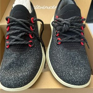 allbirds Women’s Wool Runner Mizzles — Black Knit with Red Eyelets